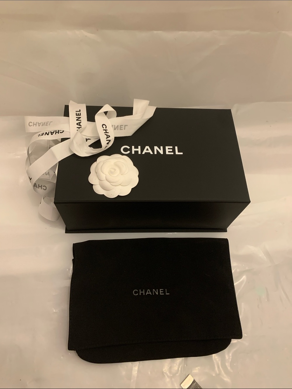 CHANEL magnetic Black Gift Box with White Ribbon and Camellia with pouch